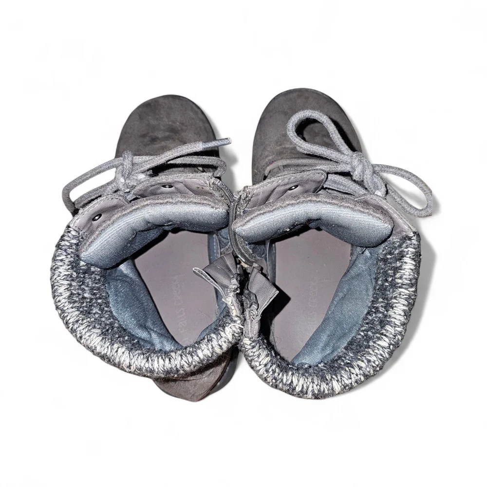 Falls Creek Kids Size 3 Gray Faux-Suede Boots – Sweater Cuff – Side Zip Lace Up
